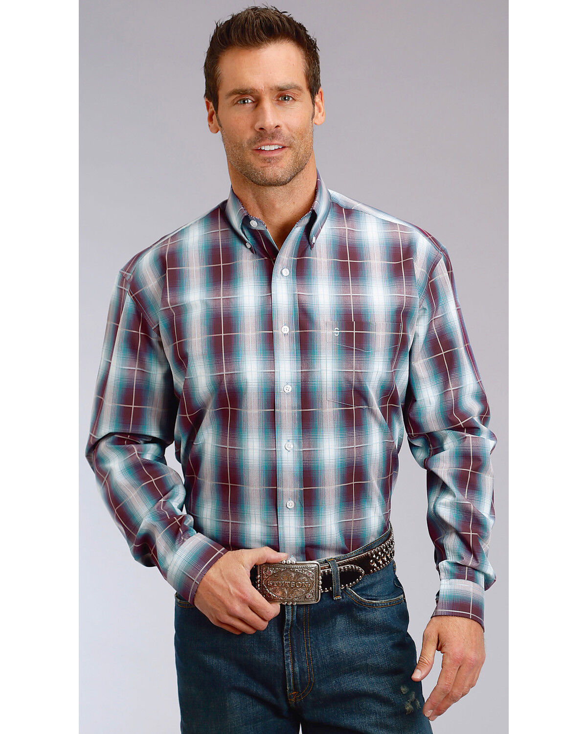 Stetson Men's Plaid Print Long Sleeve Button Down Western Shirt