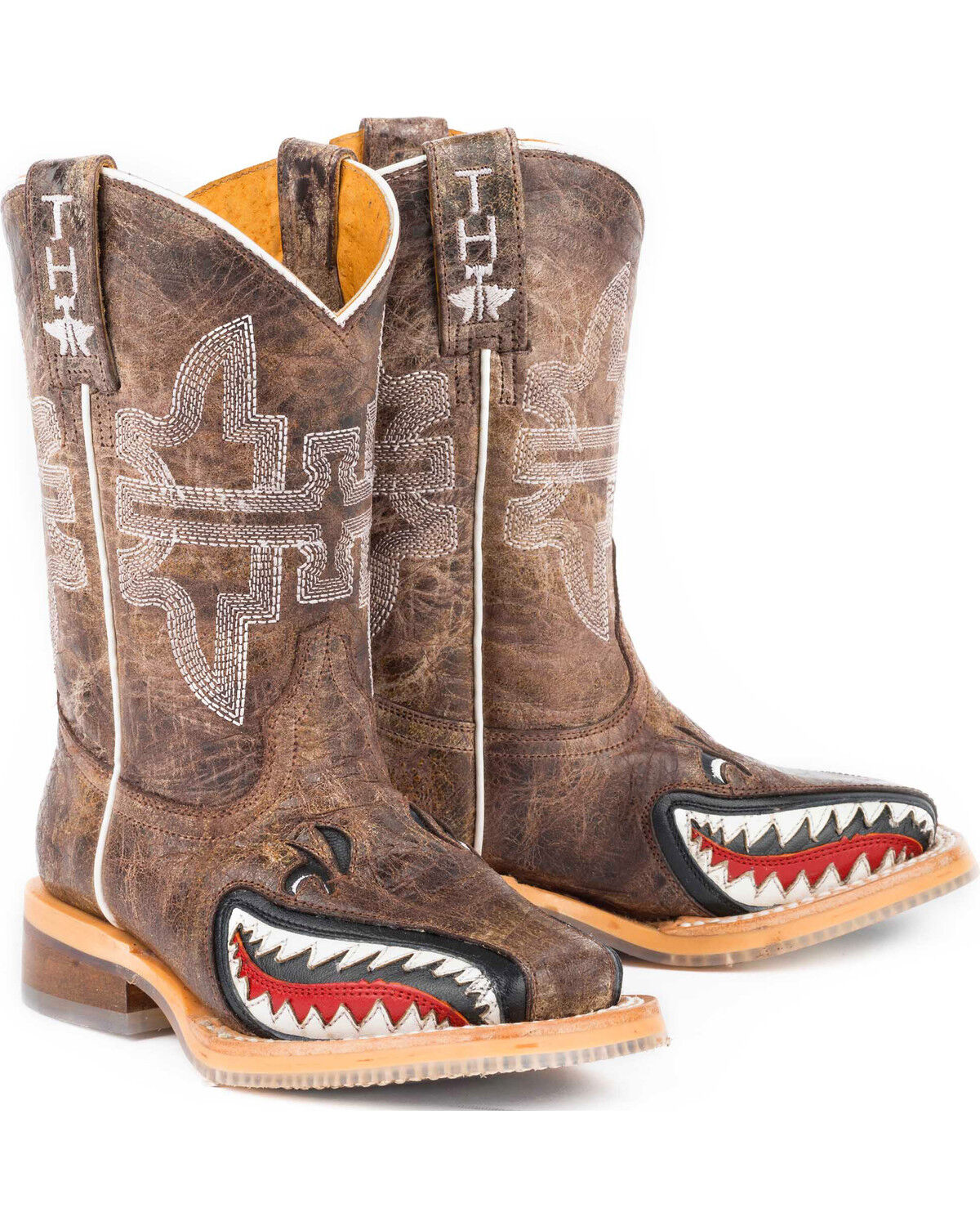 Tin Haul Boys' Tan and Red 8 Leather Western Boots - Square Toe