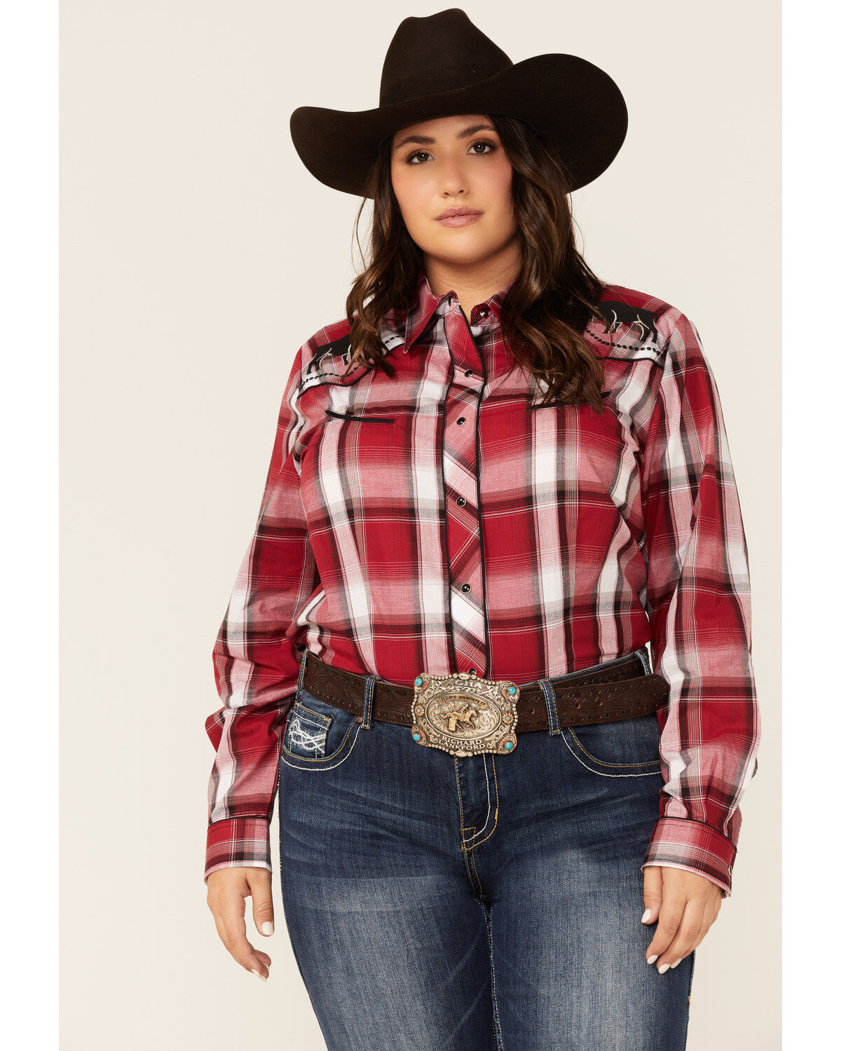 Roper Women's Plaid Print Bull Embroidered Yoke Long Sleeve Snap Western Core Shirt - Plus