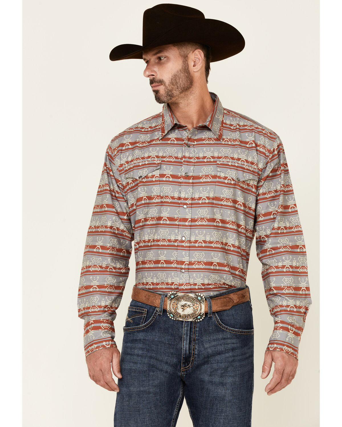 Roper Men's Gray Southwestern Blanket Stripe Long Sleeve Pearl Snap Western Shirt 1 121900-roper-men-s-gray-southwestern-blanket-stripe-long-sleeve-pearl-snap-western-shirt-1.jpg