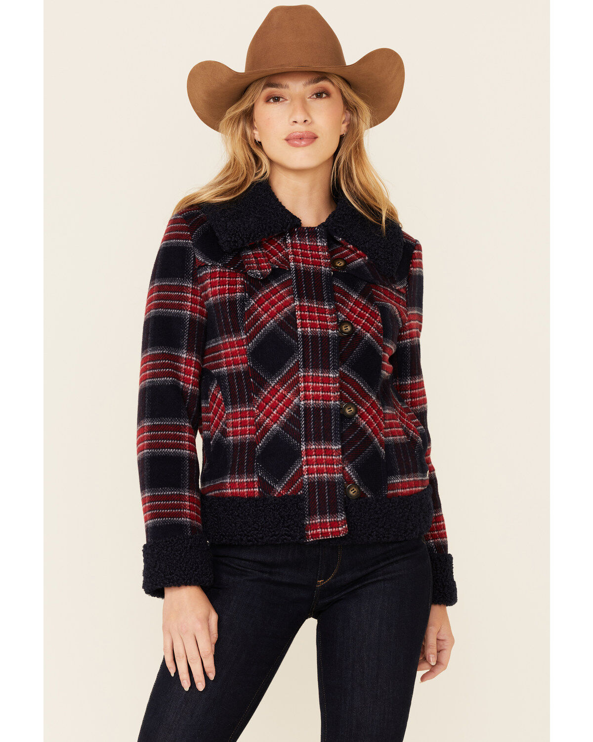 Powder River Outfitters Women's Red & Navy Plaid Button-Front Wool Sherpa Coat 1 136901-powder-river-outfitters-women-s-red-amp-navy-plaid-button-front-wool-sherpa-coat-1.jpg