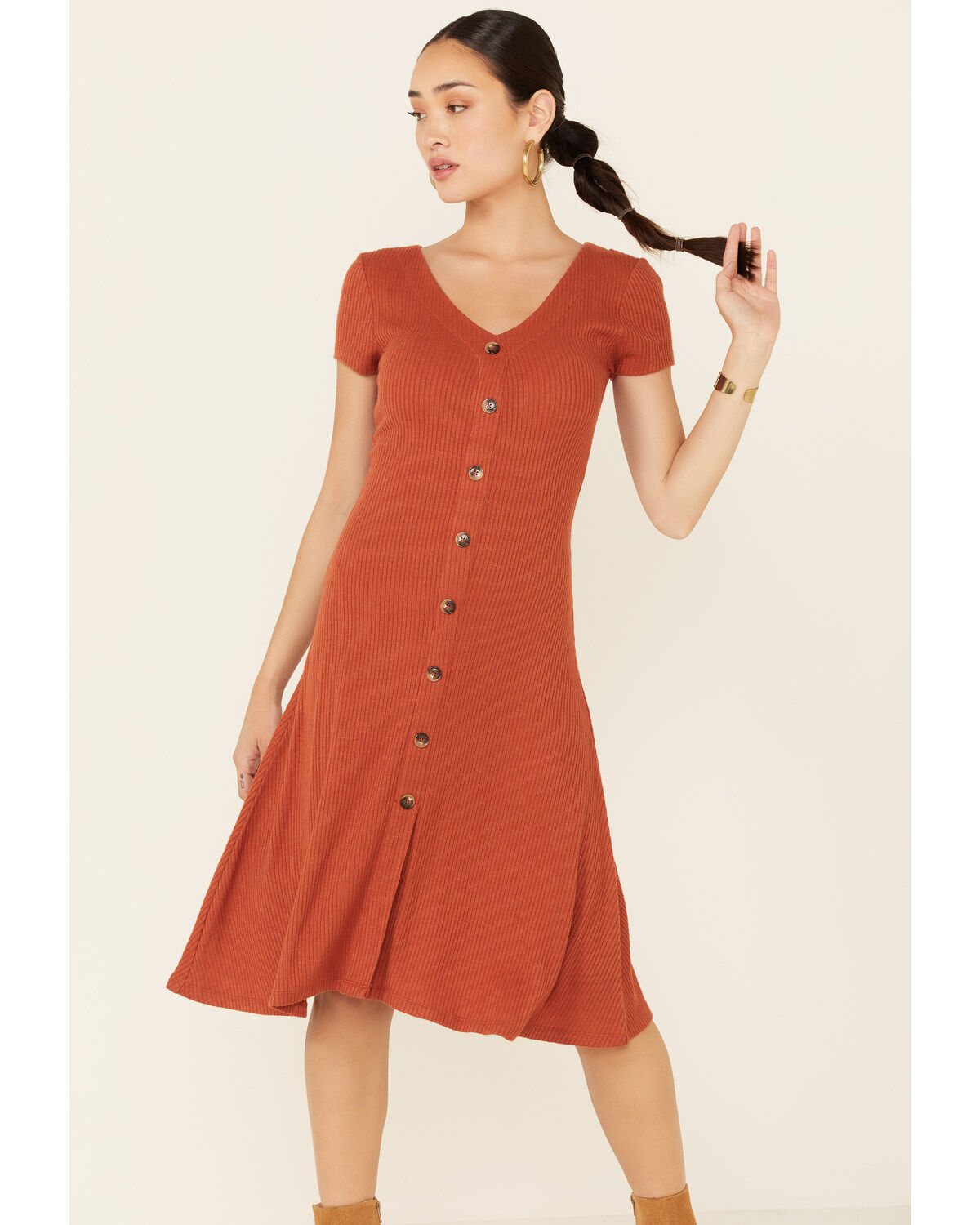 HYFVE Women's Knit Button-Front Fit & Flare Midi Dress