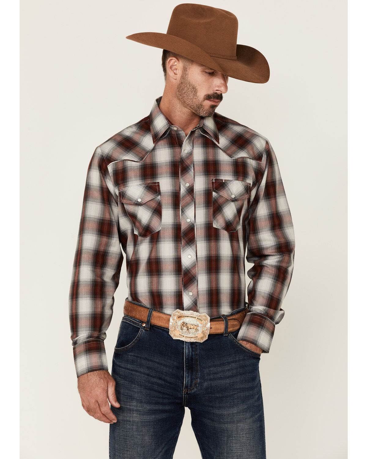 Roper Men's Multi Plaid Embroidered Horse Long Sleeve Pearl Snap Western Shirt