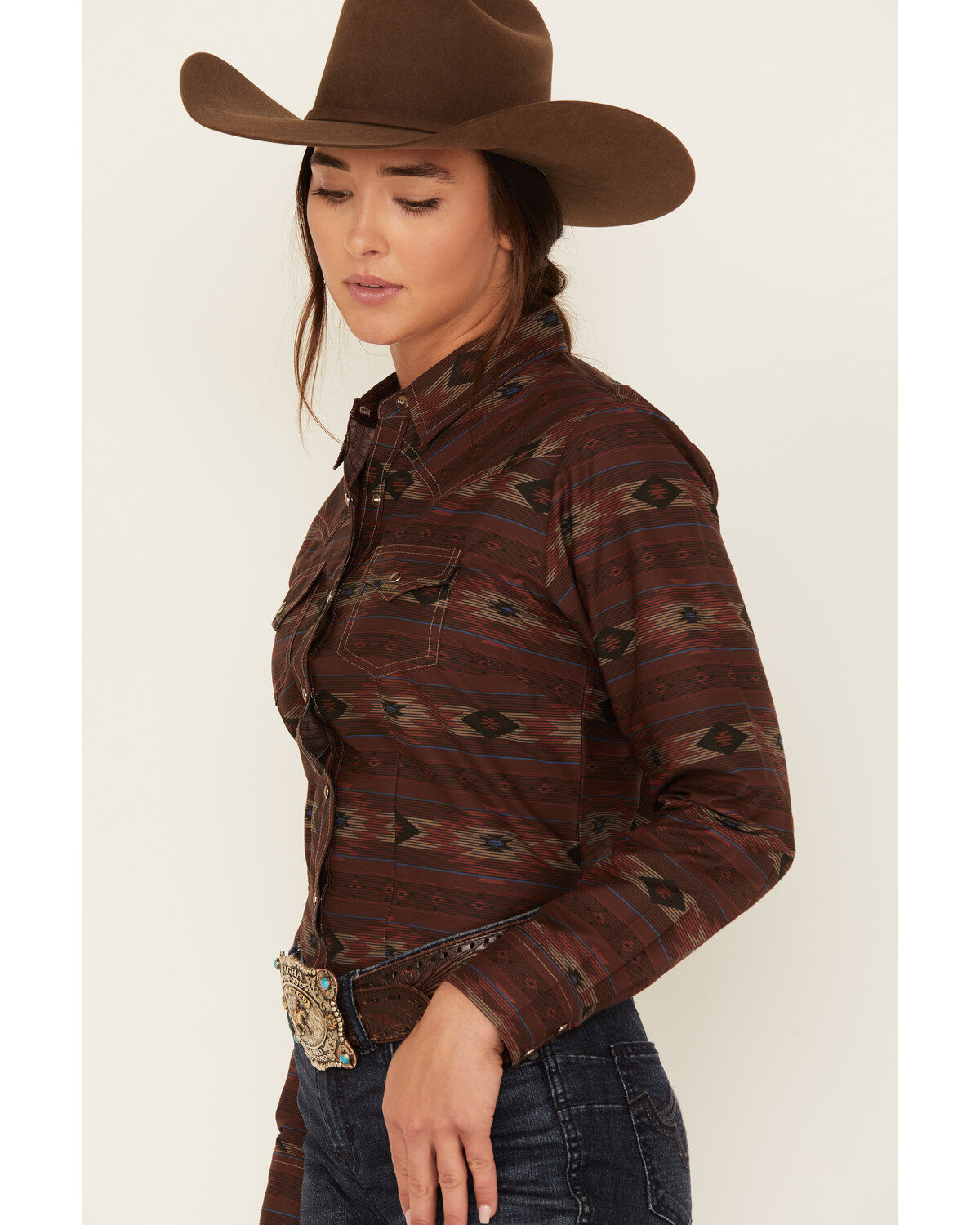 Cumberland Outfitters Women's Southwestern Stripe Print Long Sleeve Snap Western Shirt
