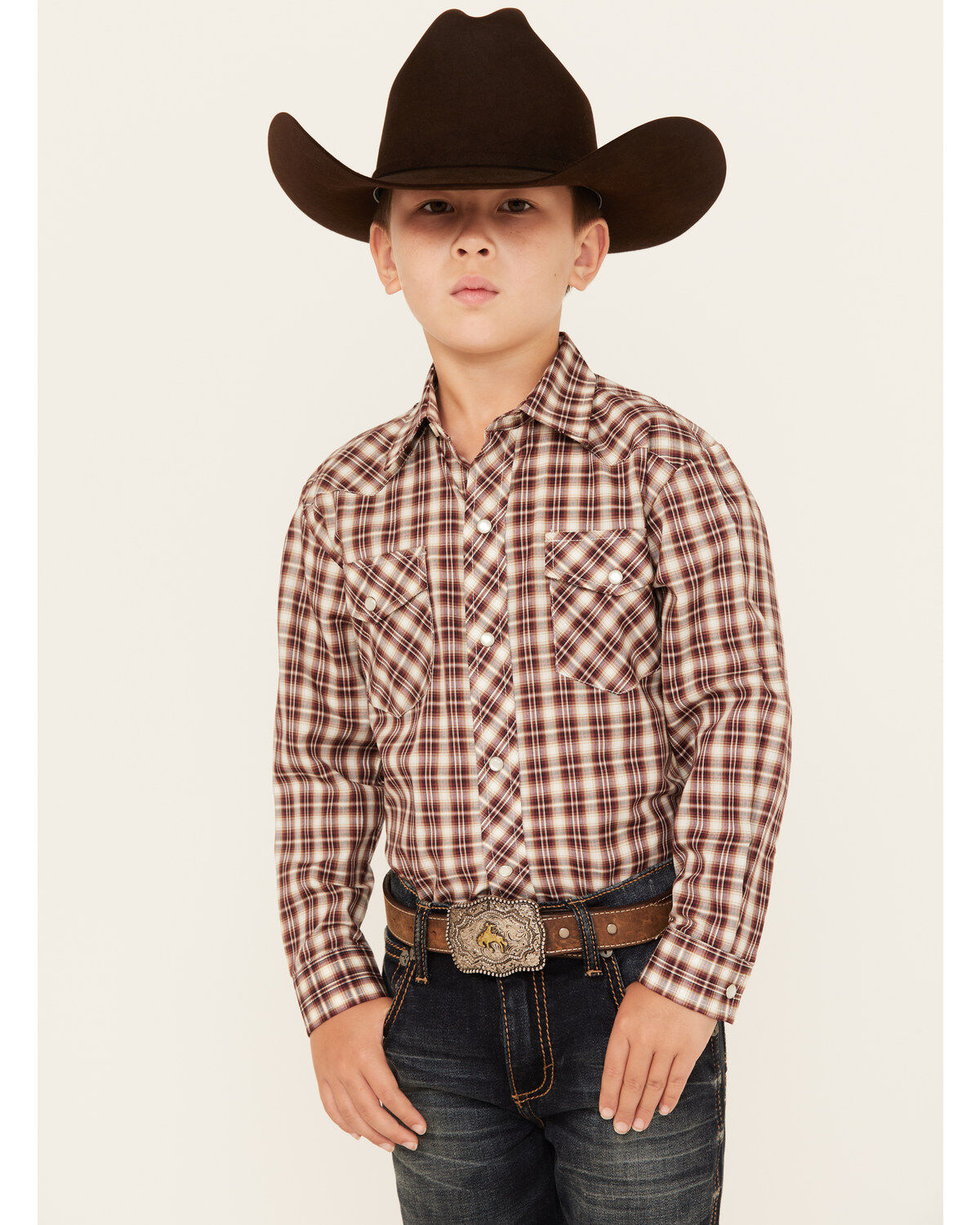 Roper Boys' Plaid Print Cowboy Embroidery Long Sleeve Pearl Snap Western Shirt