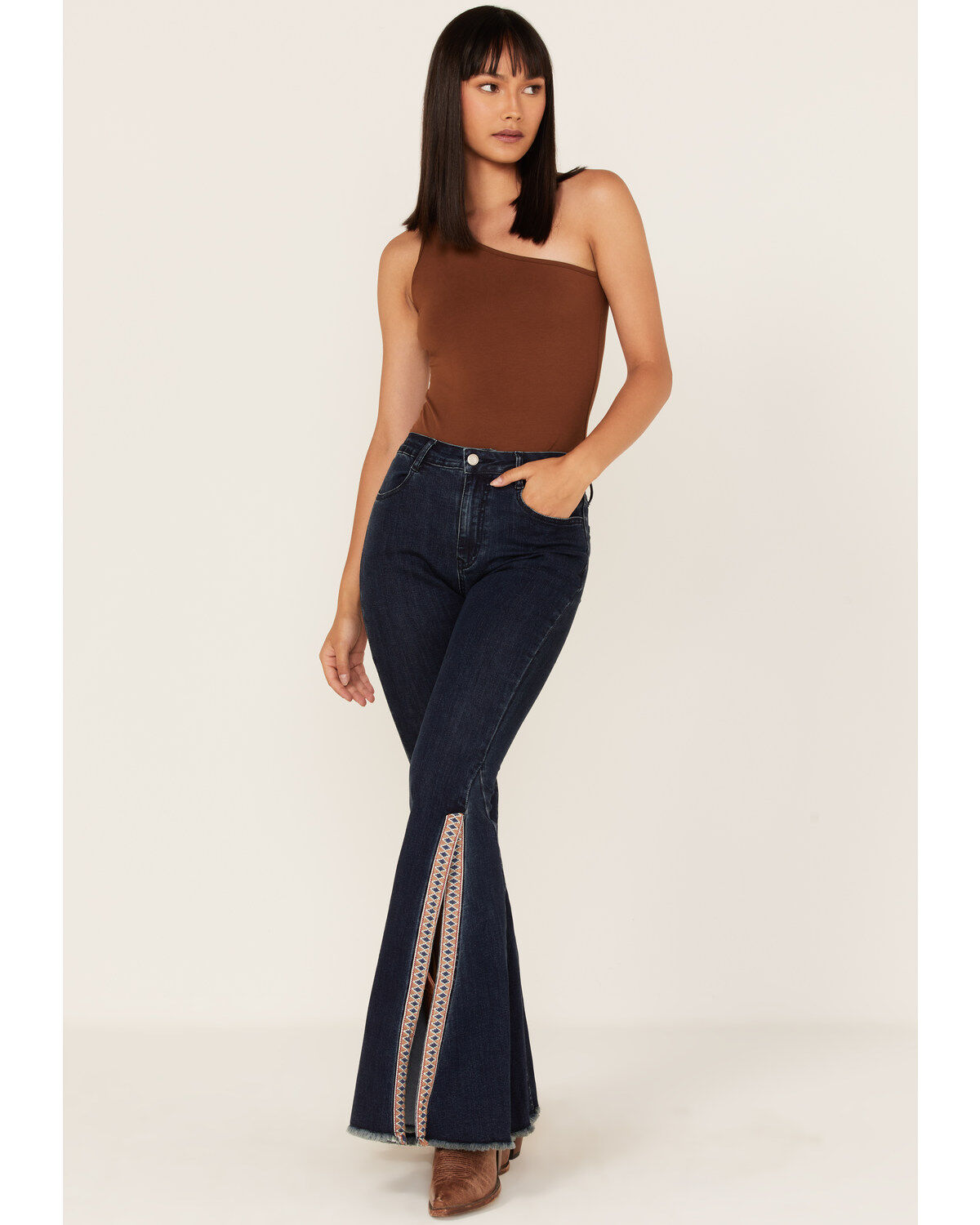 Saints & Hearts Women's Dark Wash High Rise Embroidered Slit Flare Jeans