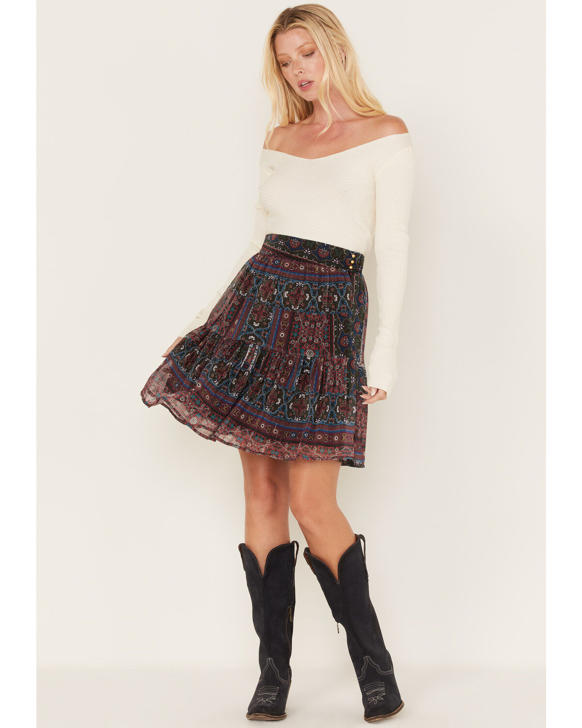 Molly Bracken Women's Metallic Floral Stripe Tiered Skirt