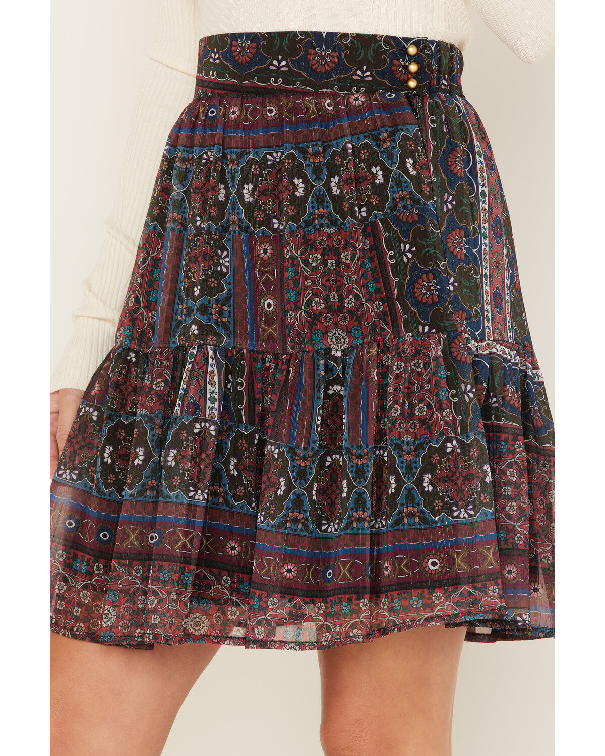 Molly Bracken Women's Metallic Floral Stripe Tiered Skirt