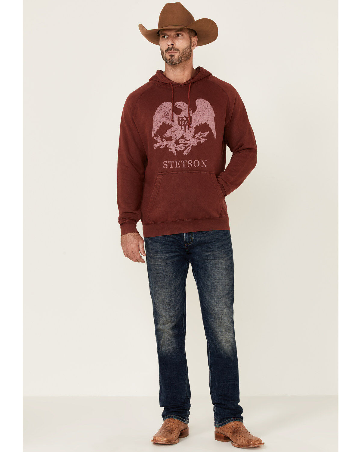 Stetson Men's Red Mineral Wash Distressed Eagle Graphic Hooded Sweatshirt