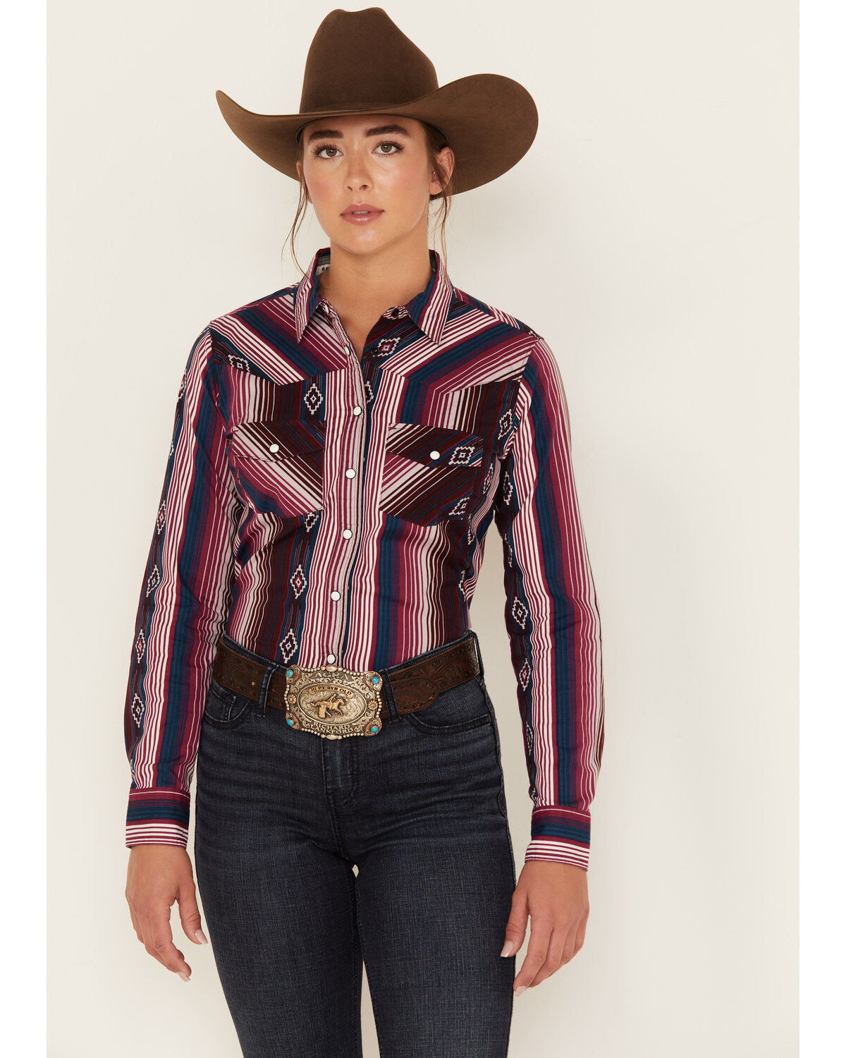 RANK 45&reg; Women's Southwestern Stripe Print Heritage Snap Stretch Western Riding Shirt
