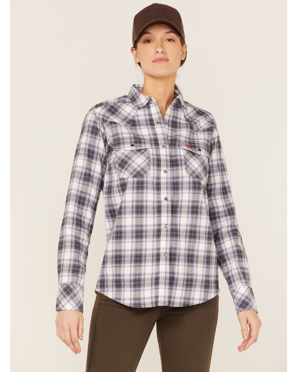 Ariat Women's FR Whitney Plaid Print Long Sleeve Pearl Snap Work Shirt