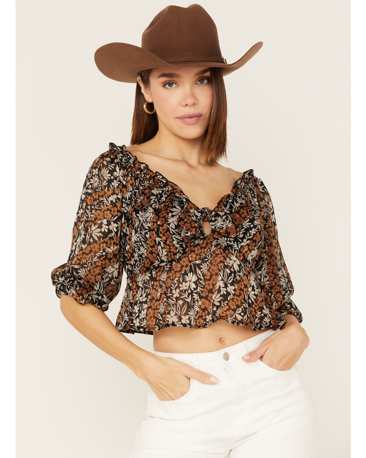 Wild Moss Women's Floral Print Tie-Front Peplum Crop Top