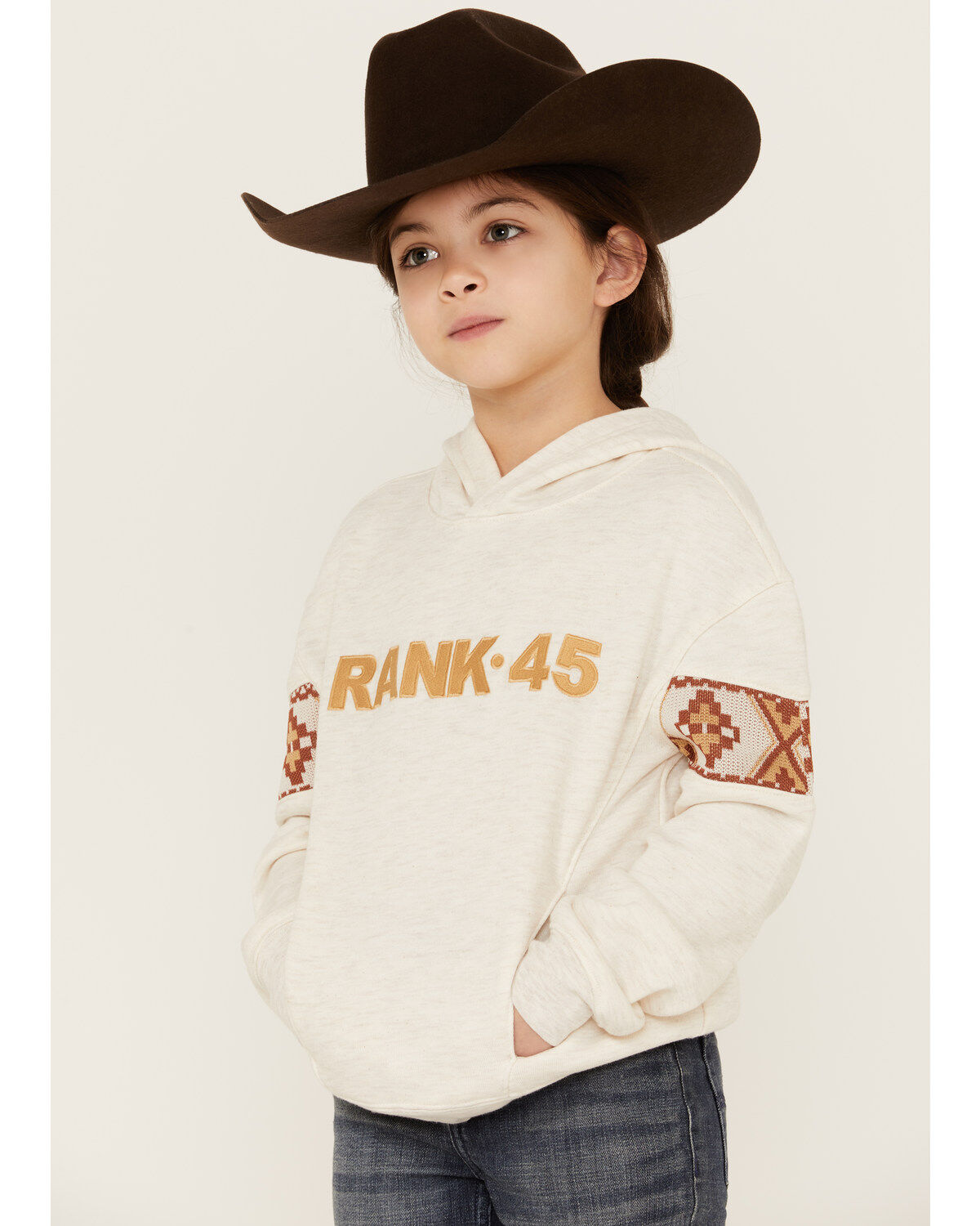 RANK 45&reg; Girls' Embroidered Southwestern Long Sleeve Logo Pullover Hooded Sweatshirt