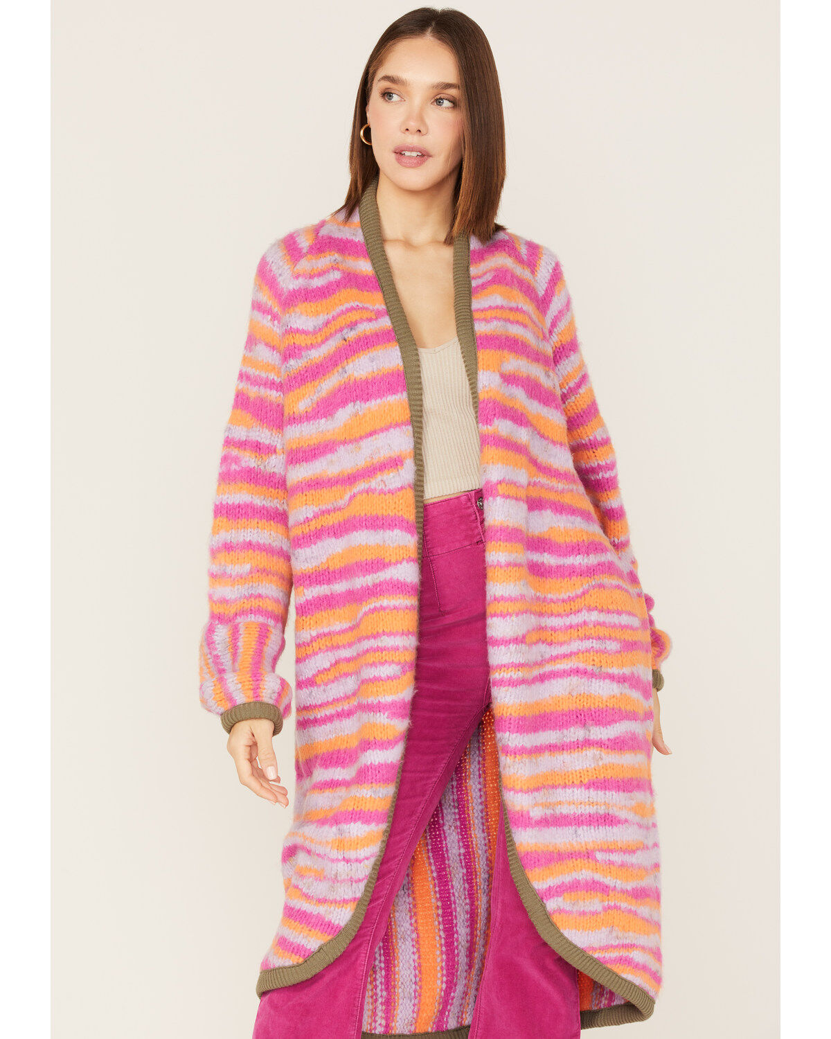 Free People Women's Pink Tiger Knit Duster