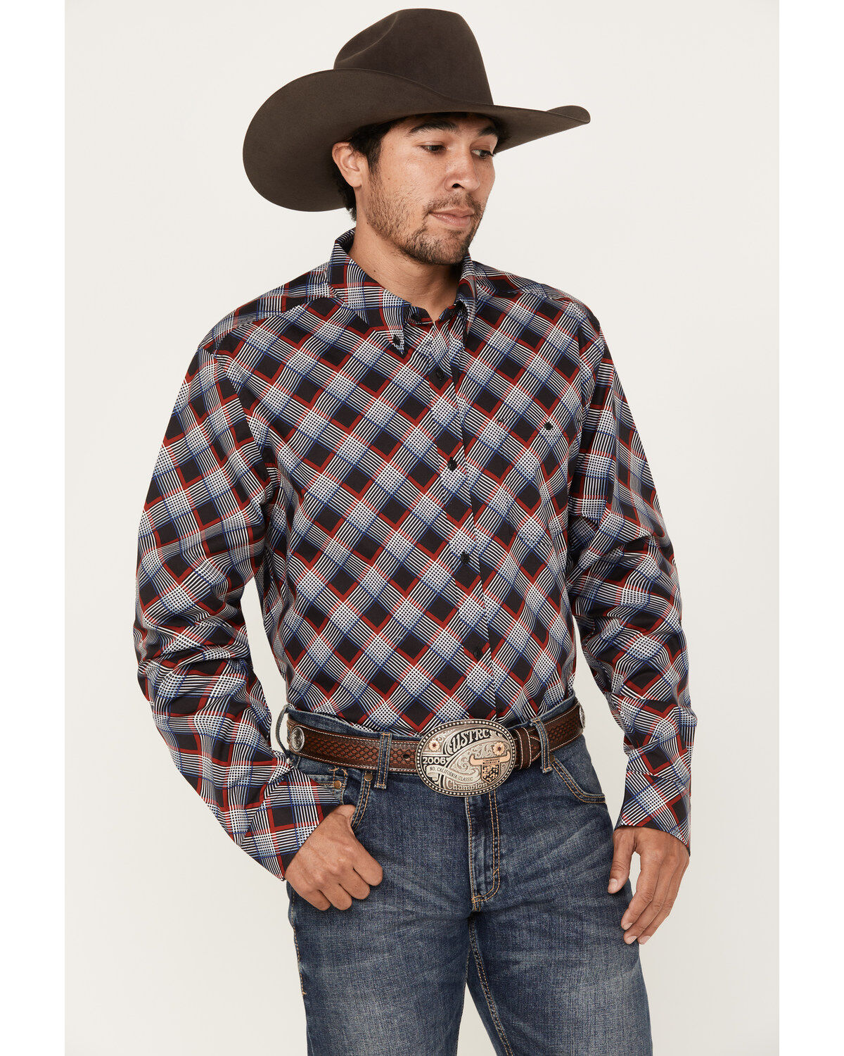 RANK 45&reg; Men's Saddle Abstract Plaid Print Long Sleeve Button-Down Western Shirt