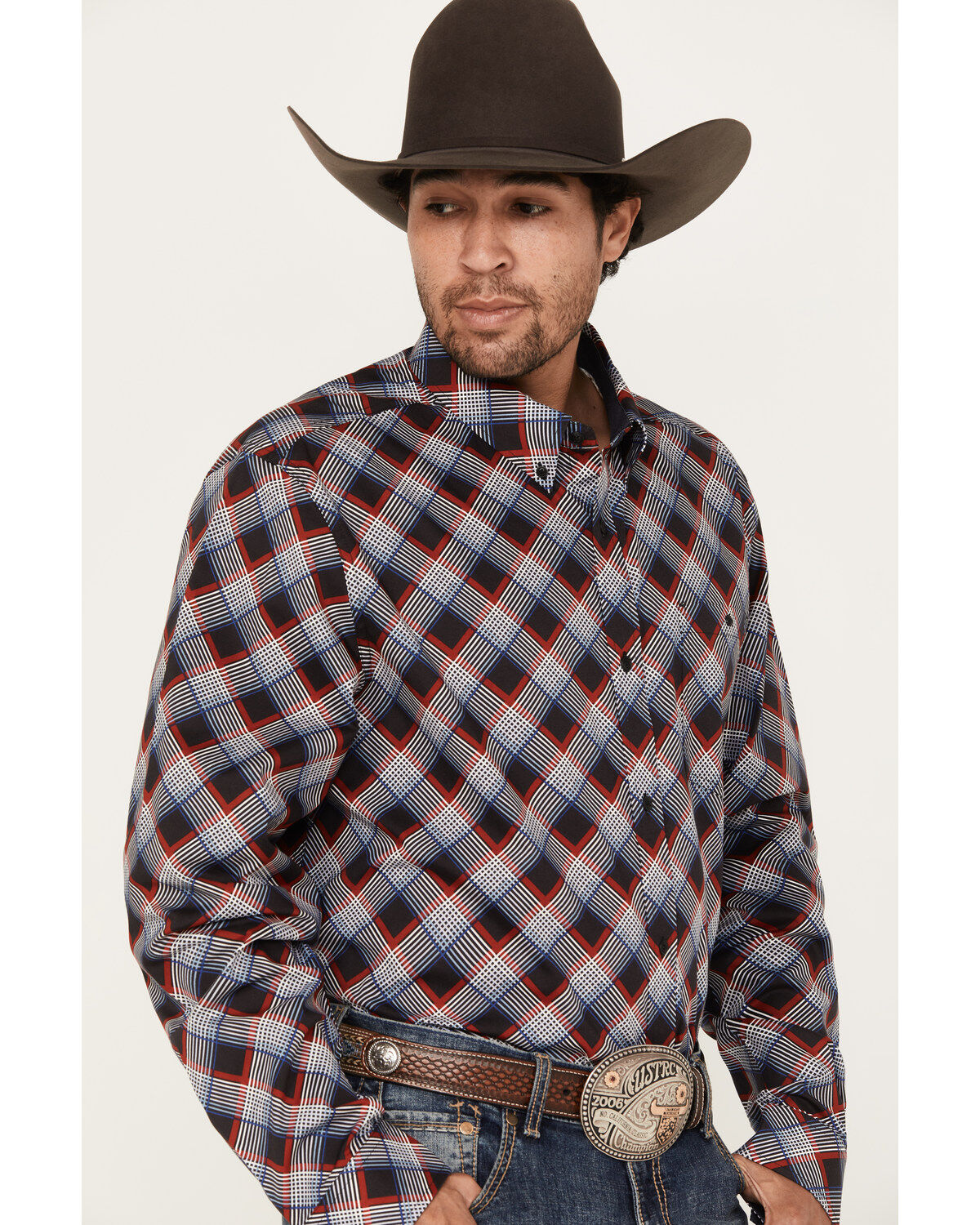 RANK 45® Men's Saddle Abstract Plaid Print Long Sleeve Button-Down Western Shirt