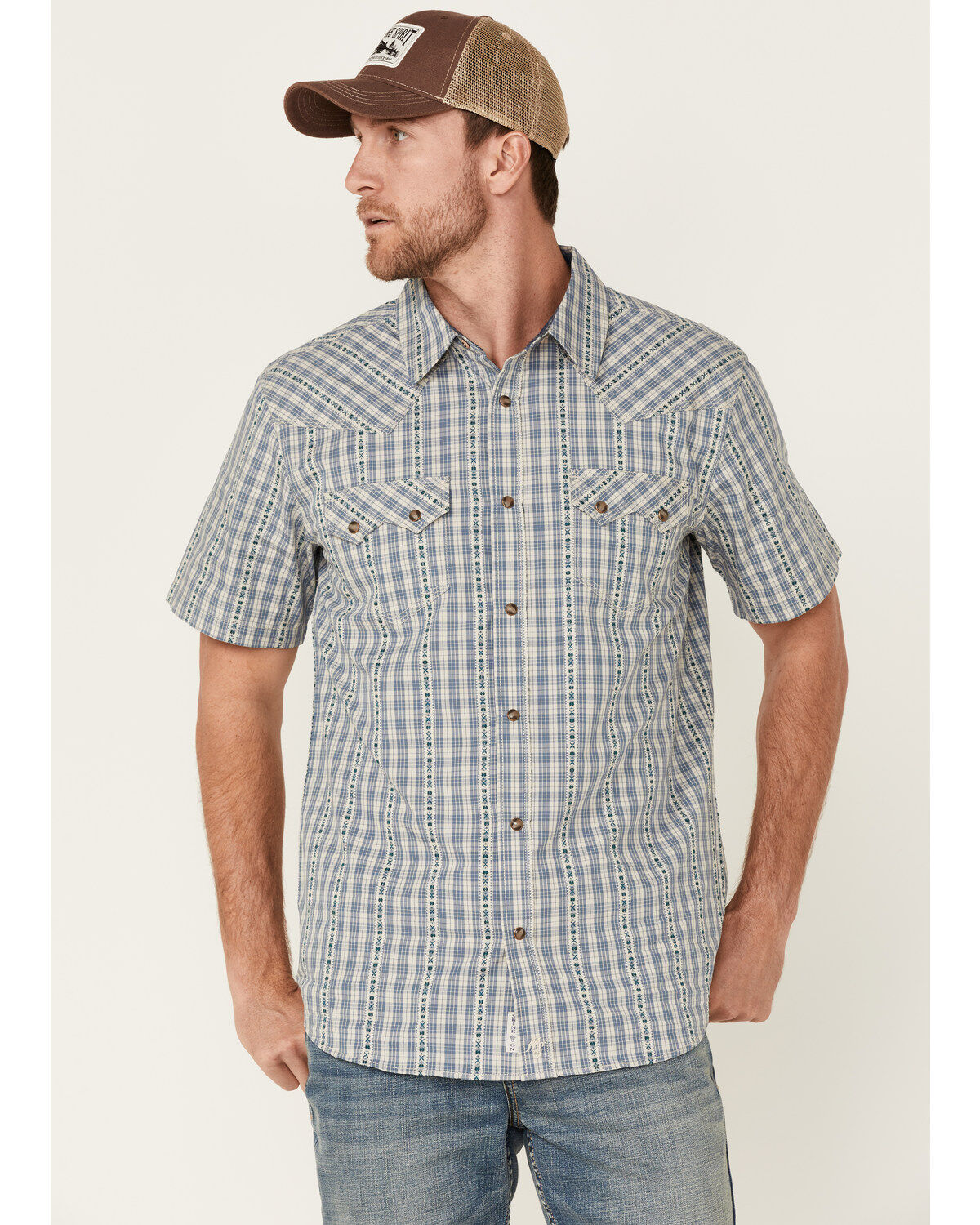 Moonshine Spirit Men's Santa Fe Dobby Plaid Short Sleeve Snap Western Shirt