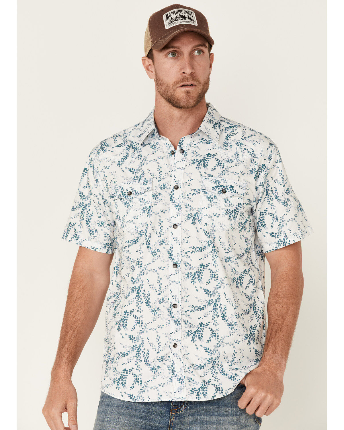 Moonshine Spirit Men's Vineyard Floral Print Short Sleeve Snap Western Shirt