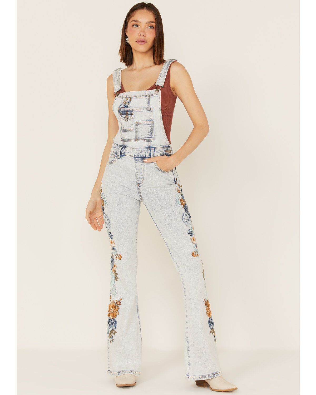 Driftwood Women's Light Wash Embroidered Denim Overalls