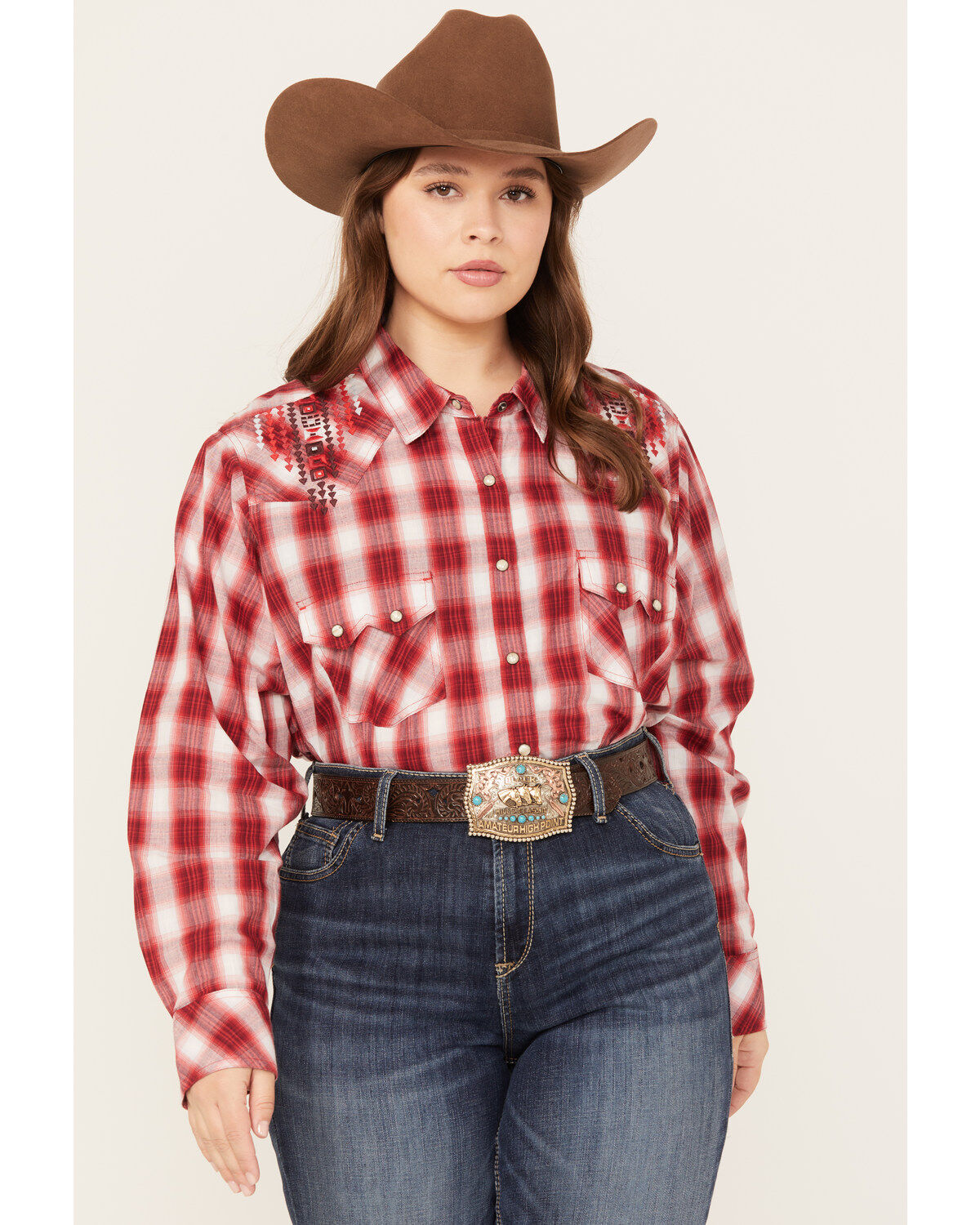 Ariat Women's Embroidered Plaid Print Long Sleeve Western Pearl Snap Shirt - Plus
