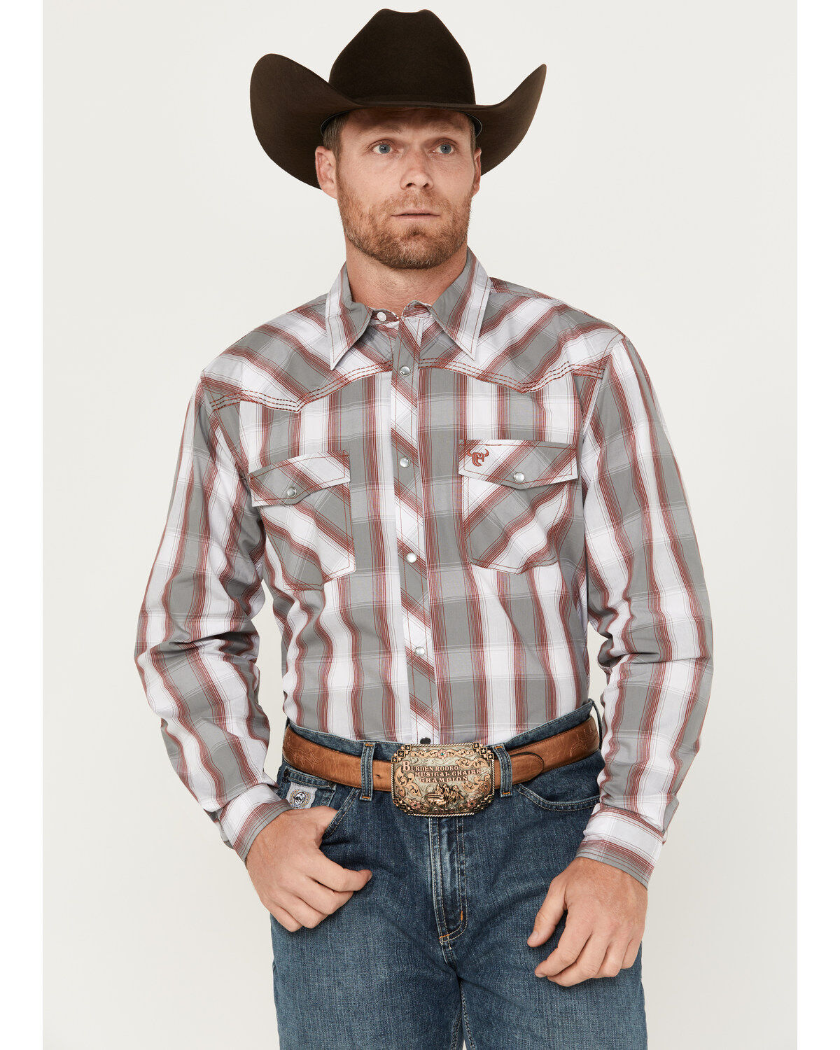 Cowboy Hardware Men's Hombre Plaid Print Long Sleeve Pearl Snap Western Shirt