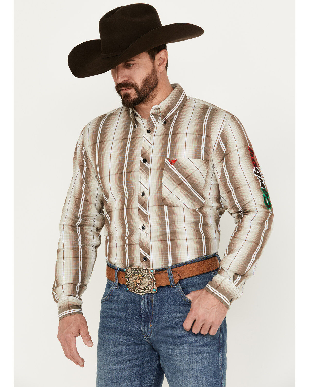 Cowboy Hardware Men's Mexico Gradient Plaid Print Long Sleeve Button Down Western Shirt