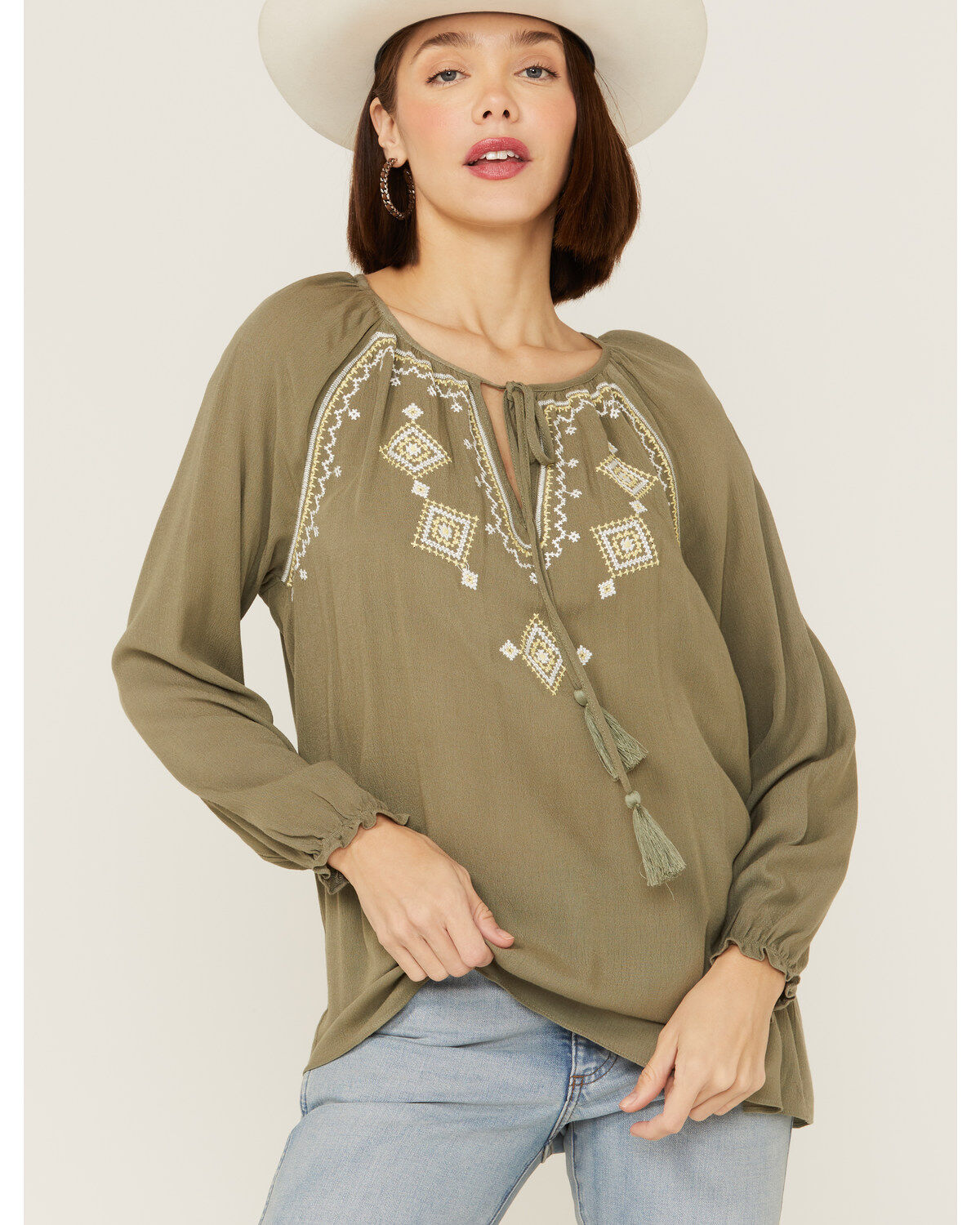 Miss Me Women's Olive Embroidered Southwestern Tassel Top 1 193813-miss-me-women-s-olive-embroidered-southwestern-tassel-top-1.jpg