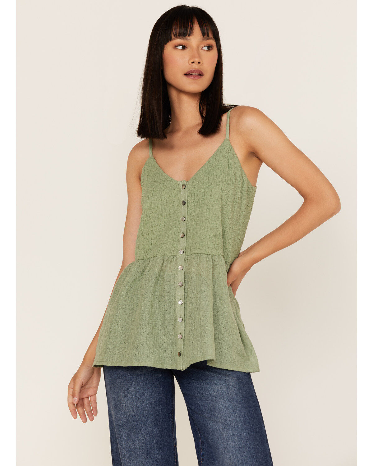 Cleo + Wolf Women's Smocked Button Front Woven Tank Top