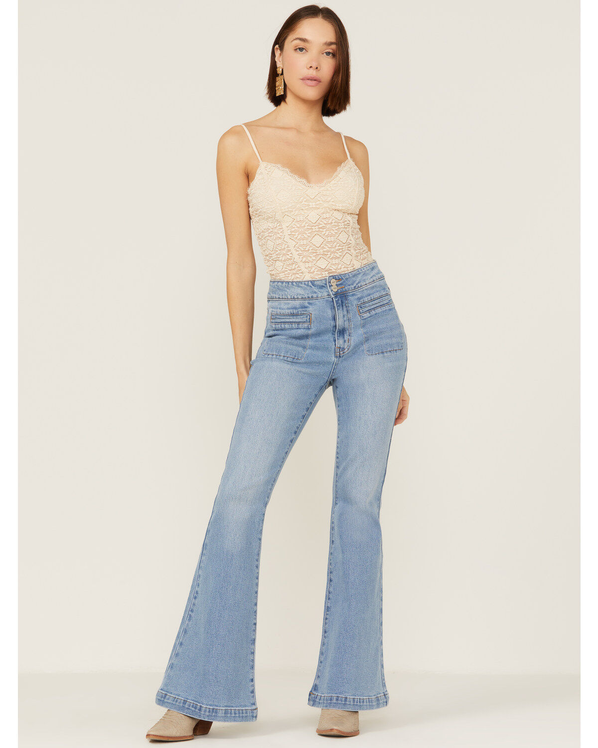 Ceros Women's Light Wash High Rise Coin Pocket Light Denim Flare Jeans