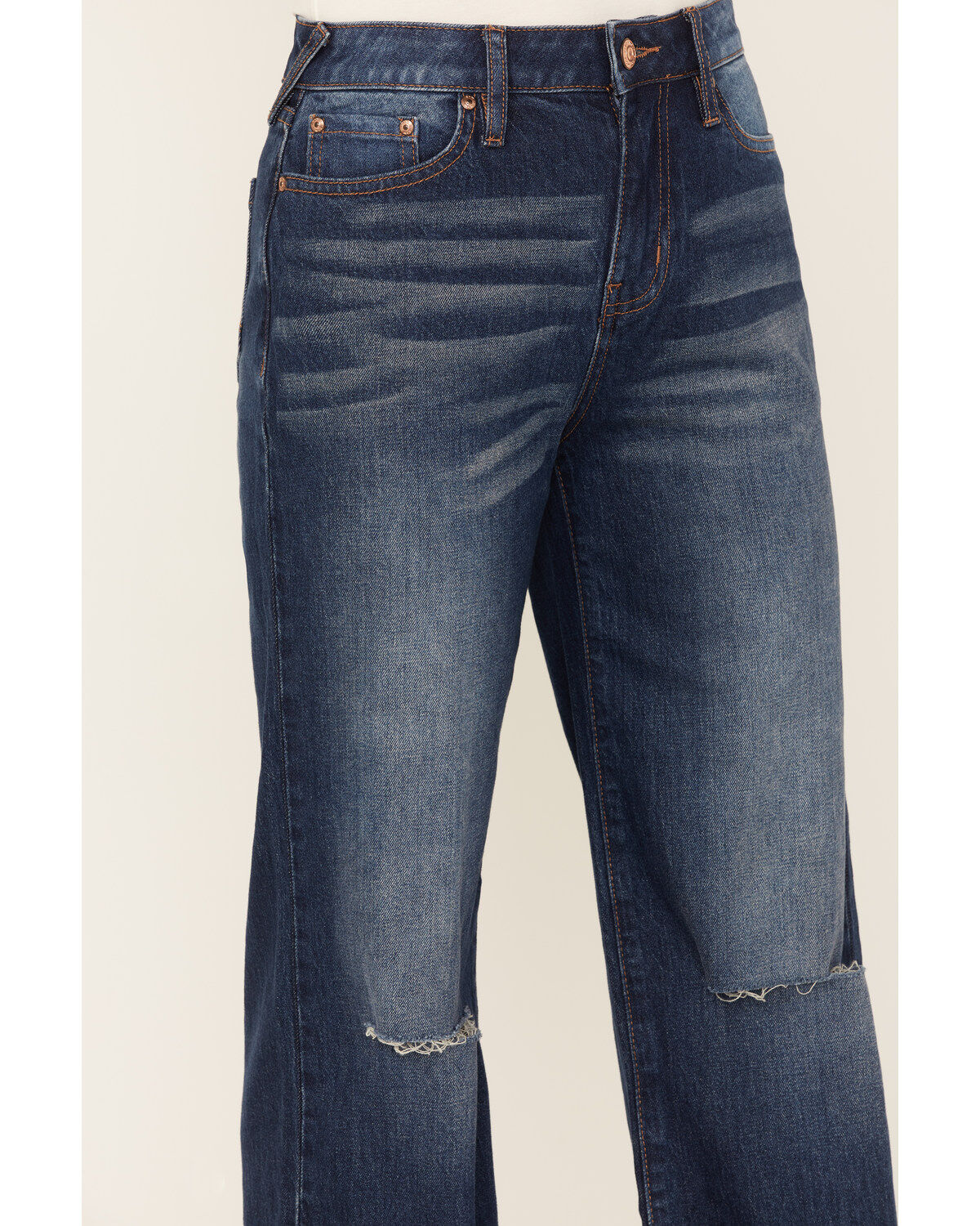 Cleo + Wolf Women's Medium Wash High Rise Distressed Knee Flare Jeans