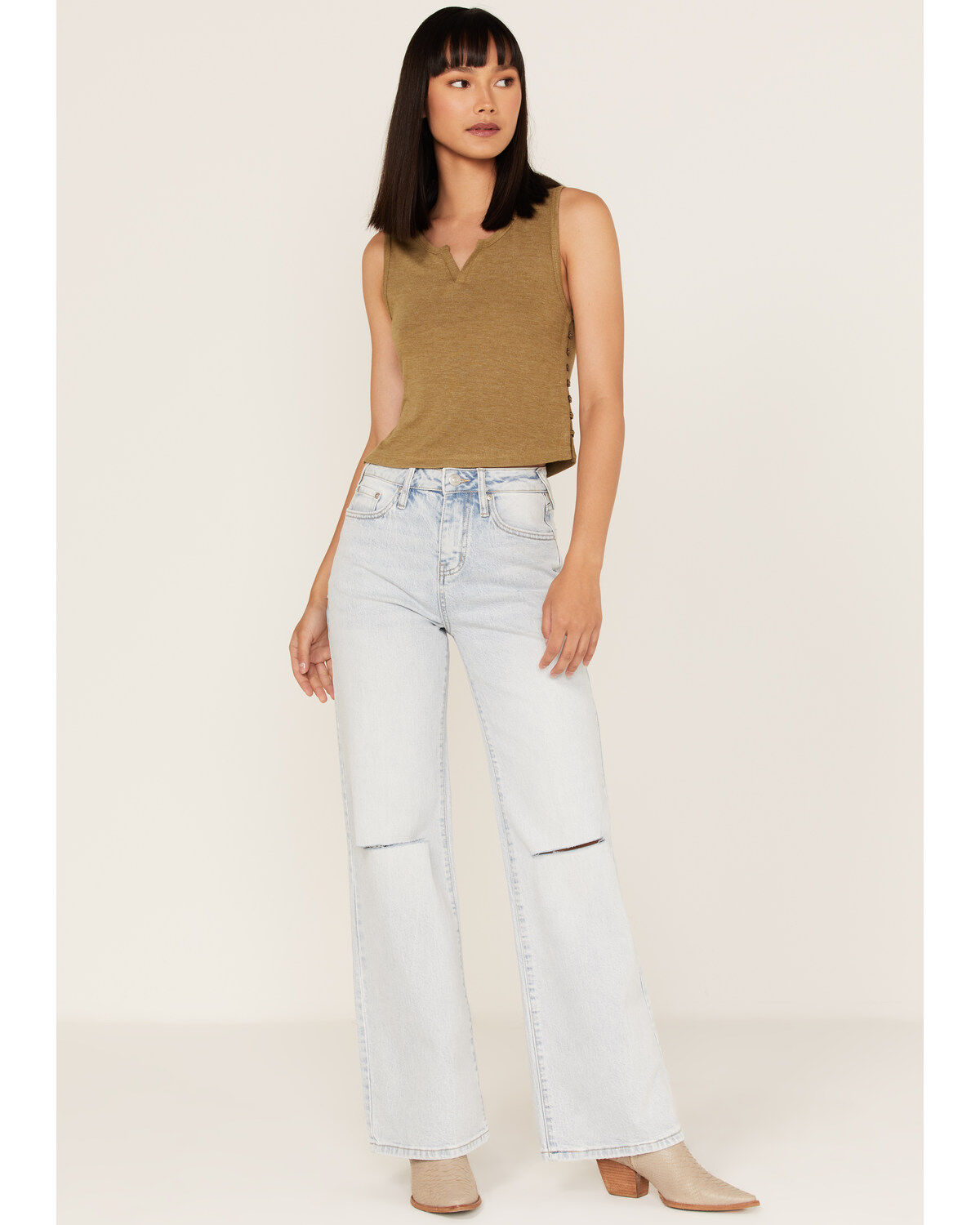 Cleo + Wolf Women's Light Wash High Rise Distressed Knee Flare Jeans 1 196696-cleo-wolf-women-s-light-wash-high-rise-distressed-knee-flare-jeans-1.jpg