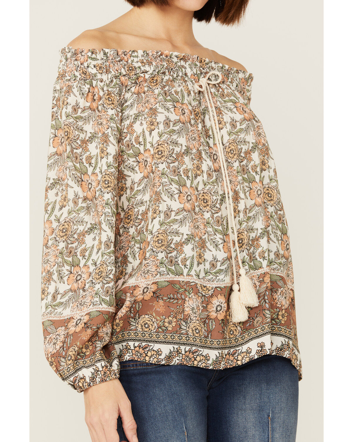 Wild Moss Women's Cream Floral Border Print Off Shoulder Woven Top