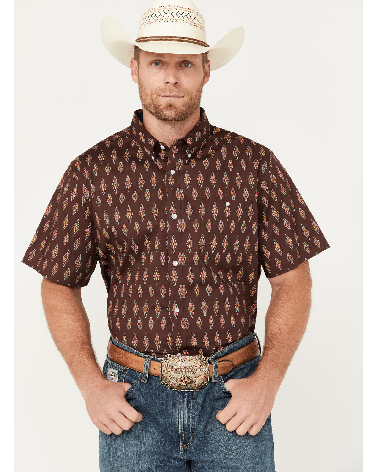 RANK 45&reg; Men's Cash Geo Print Short Sleeve Button-Down Stretch Western Shirt