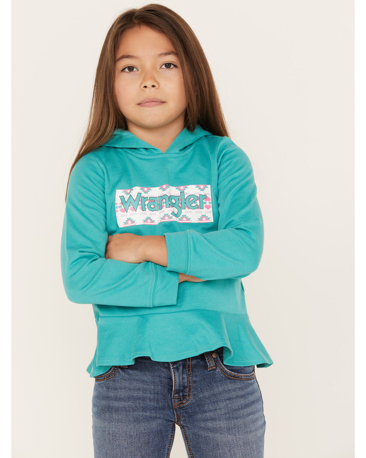 Wrangler Girls' Southwestern Logo Graphic Ruffle Hem Hoodie