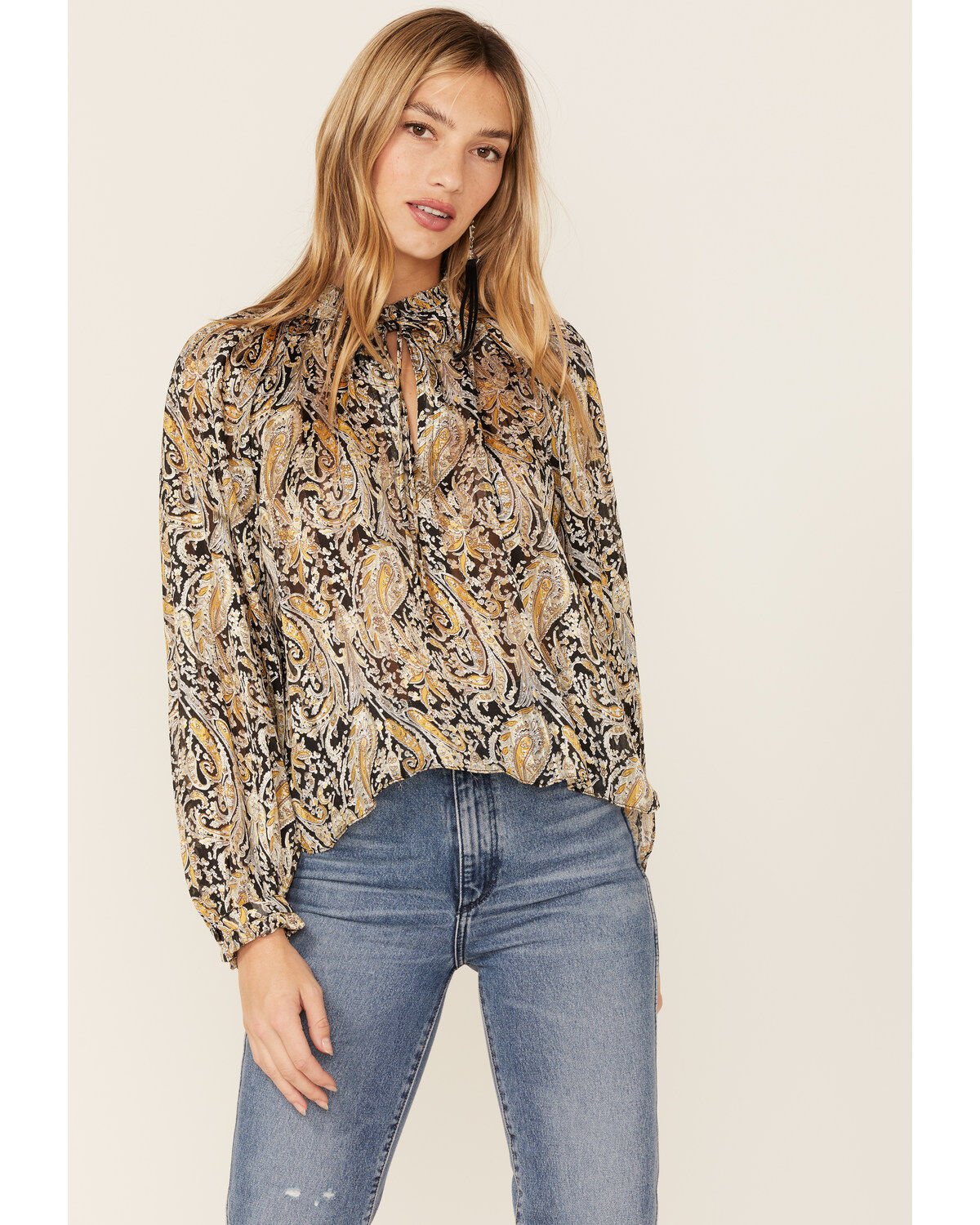 Revel Women's Paisley Print Long Sleeve Woven Chiffon Peasant Top