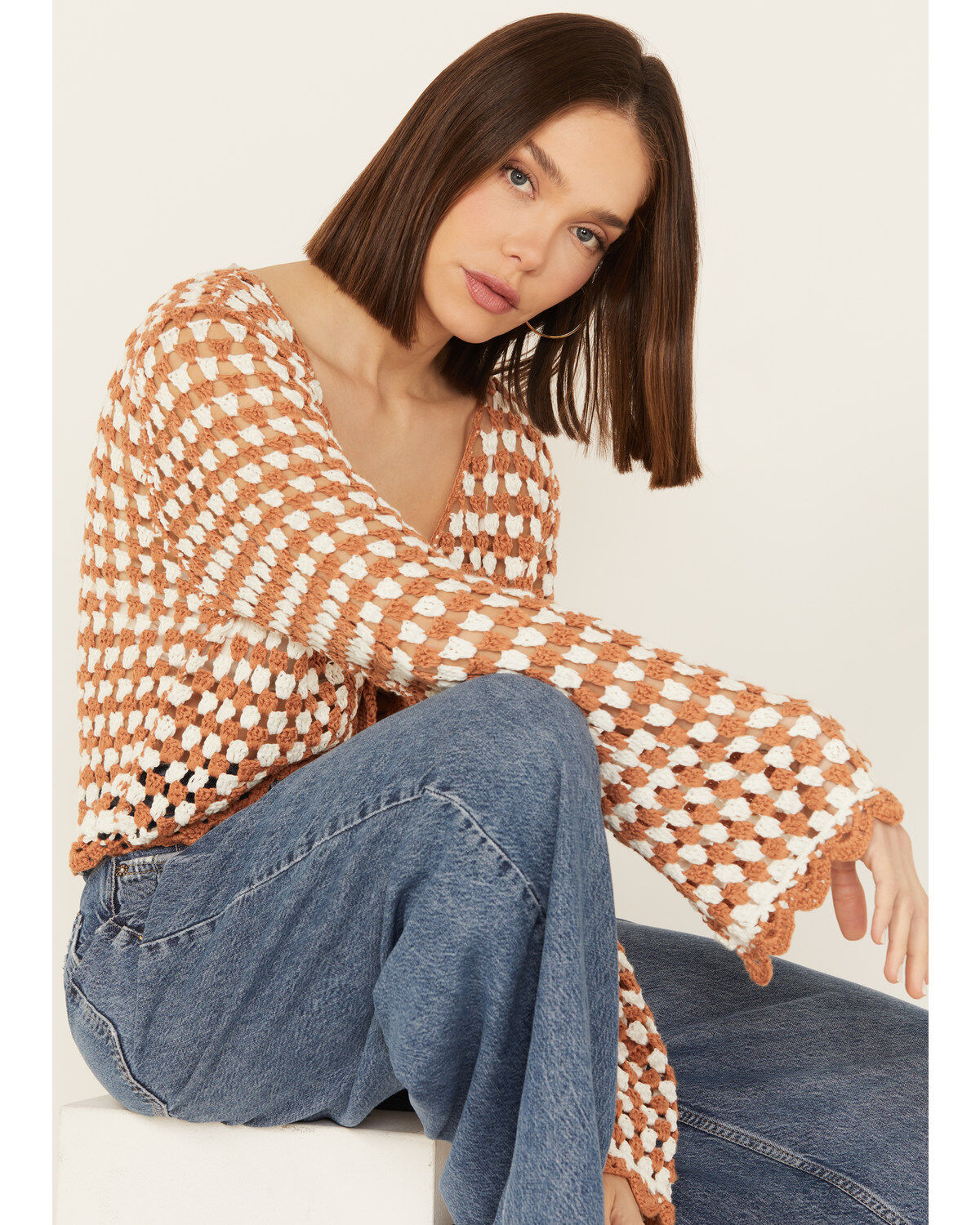 Rock & Roll Denim Women's Crochet Tie Front Long Sleeve Top