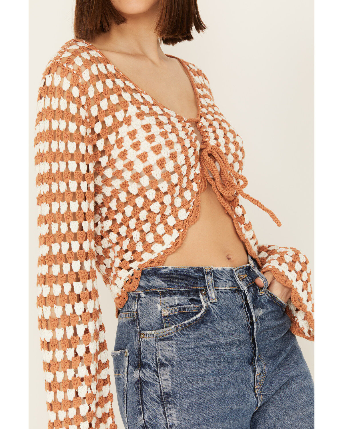Rock & Roll Denim Women's Crochet Tie Front Long Sleeve Top