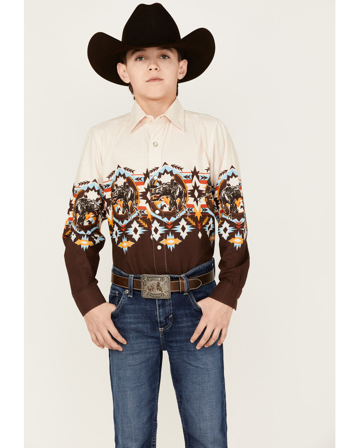 Panhandle Boys' Southwestern Border Print Long Sleeve Snap Shirt