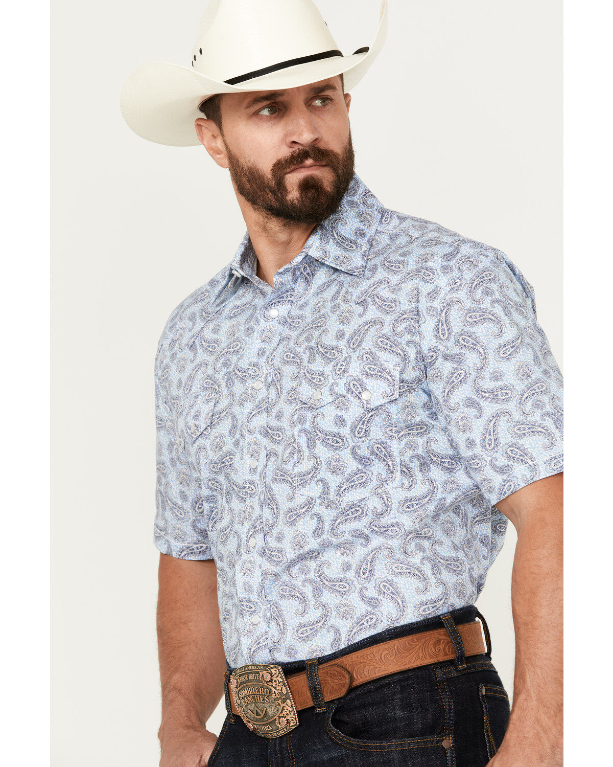 Rough Stock by Panhandle Men's Stretch Paisley Print Short Sleeve Pearl Snap Western Shirt