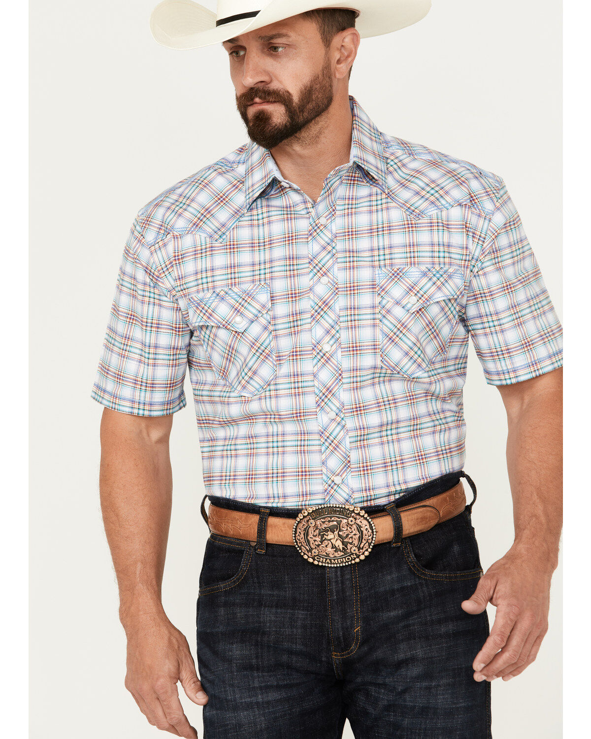 Rough Stock by Panhandle Men's Plaid Print Short Sleeve Pearl Snap Western Shirt