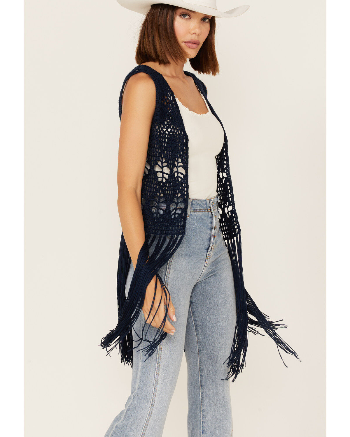 Rock & Roll Denim Women's Crochet Knit Fringe Vest