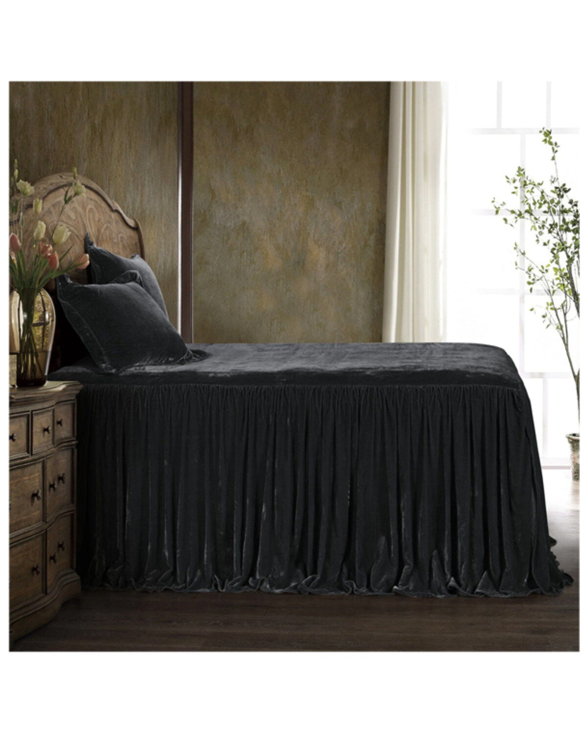 HiEnd Accents Black Stella Faux Silk & Velvet Queen 3-Piece Bedspread Set