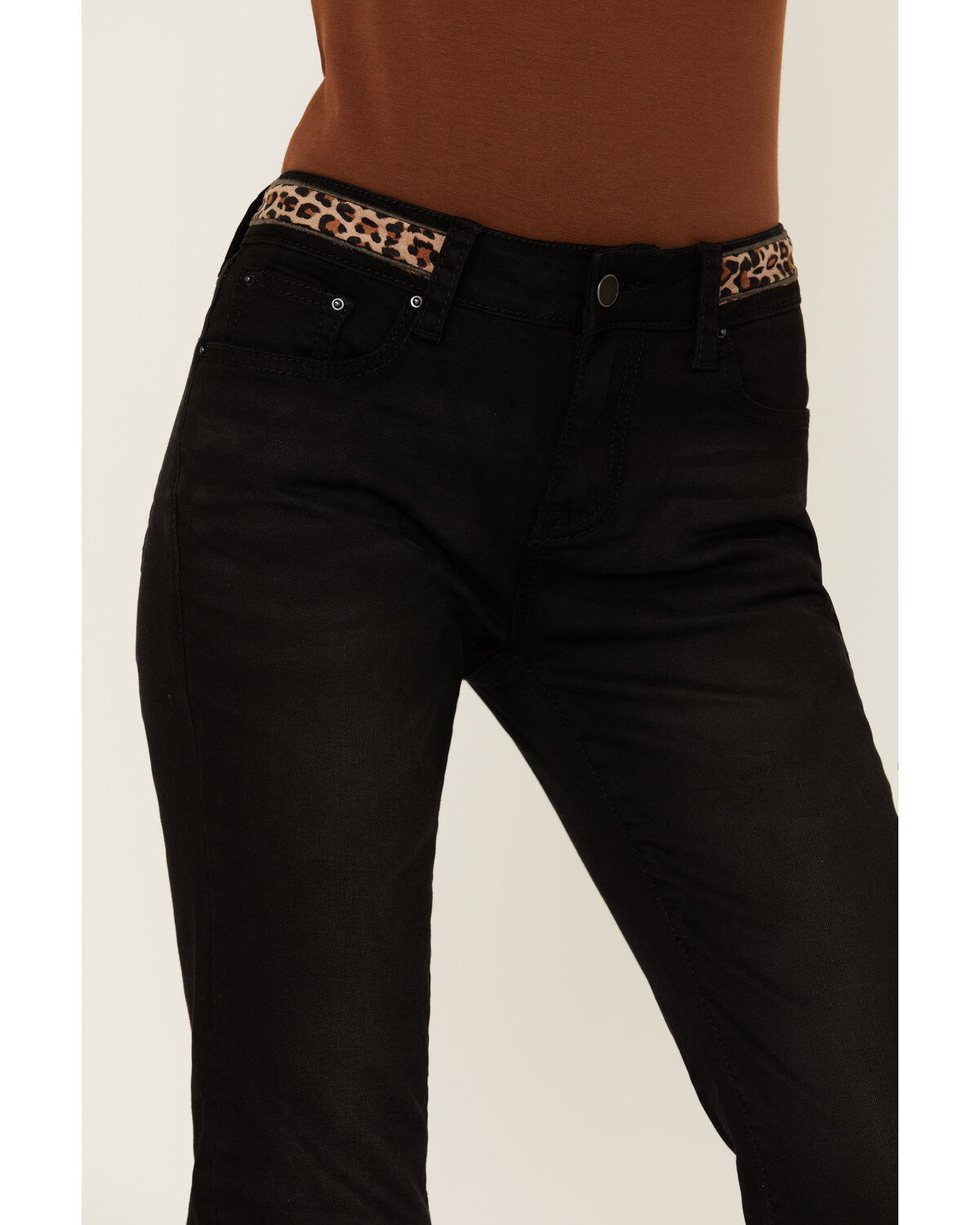 Grace in LA Women's Embroidered Cheetah Print Black Skinny Jeans