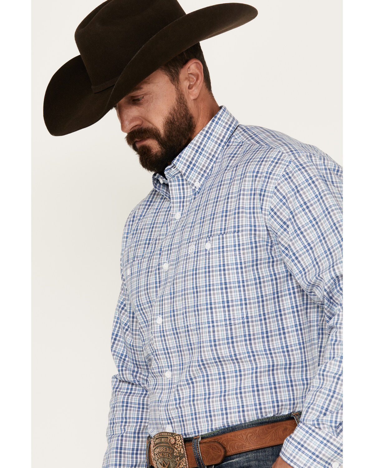 George Strait by Wrangler Men's Plaid Print Long Sleeve Button-Down Western Shirt