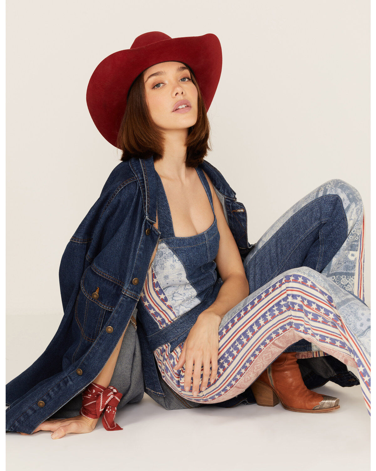 Free People Women's Medium Wash Patchwork Dallas Denim Jumpsuit