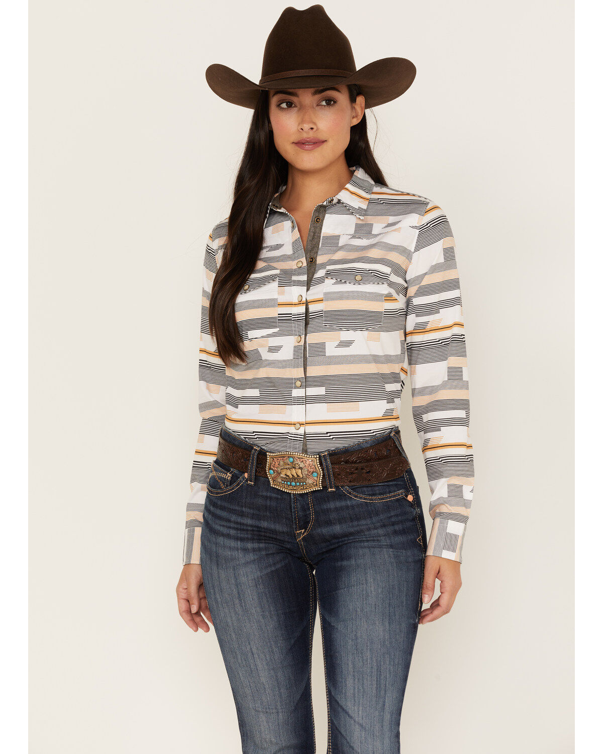 RANK 45&reg; Women's Geo Stripe Print Long Sleeve Stretch Western Riding Shirt