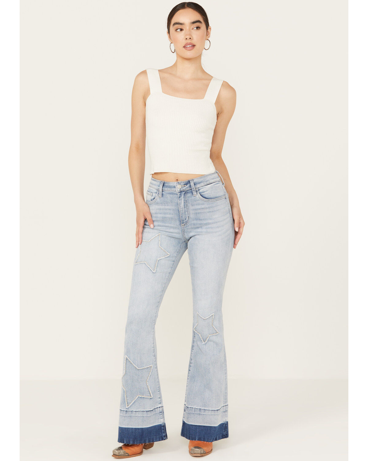 Ceros Women's Light Wash High Rise Starred Flare Stretch Jeans