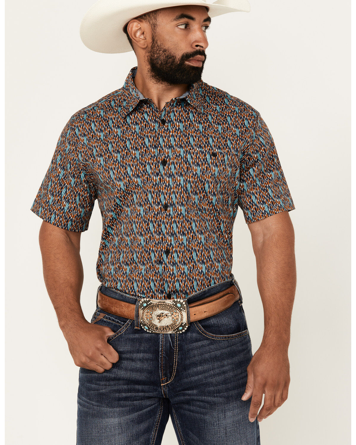 RANK 45&reg; Men's Raflame Geo Print Short Sleeve Button-Down Stretch Western Shirt