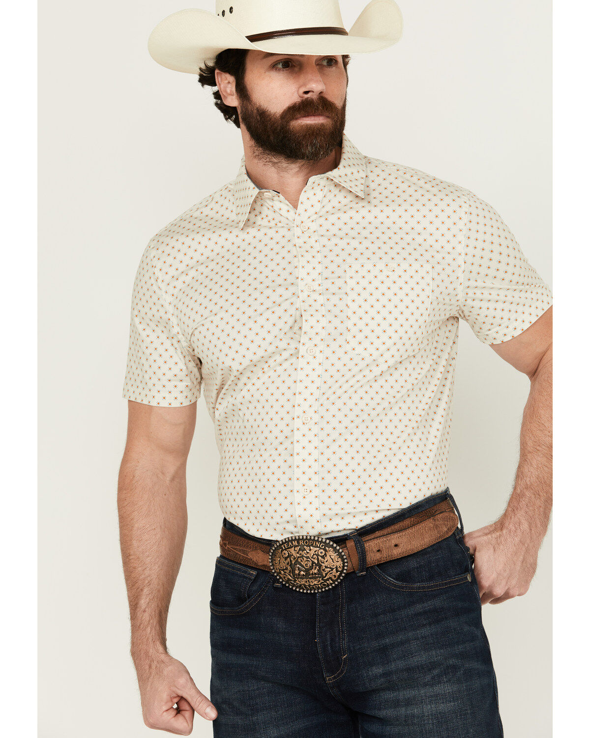 RANK 45&reg; Men's Westamp Geo Print Short Sleeve Button-Down Performance Stretch Western Shirt