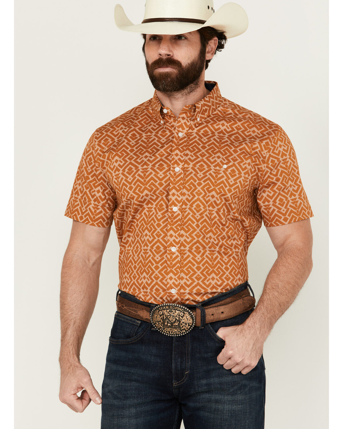 RANK 45&reg; Men's Decker Geo Print Short Sleeve Performance Stretch Button-Down Western Shirt
